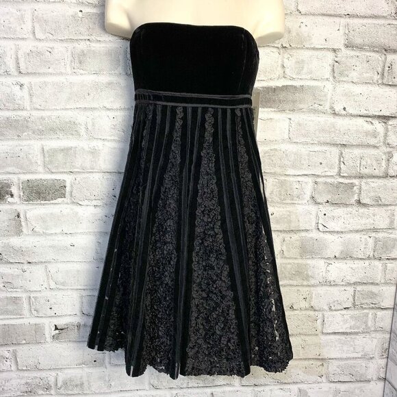 Badgley Mischka Black Velvet Silk Strapless Empire Waist Babydoll Formal Dress - Picture 1 of 16